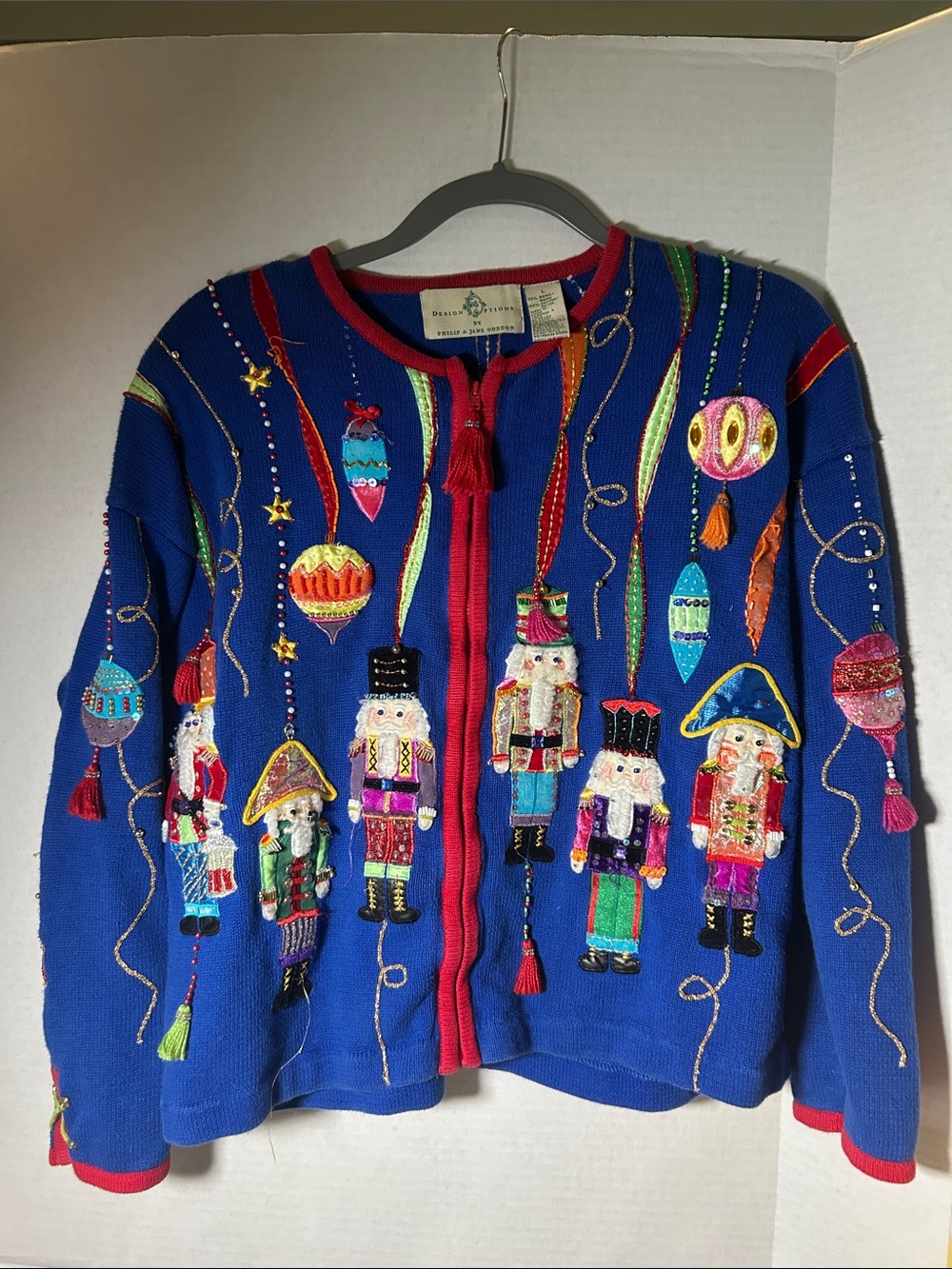 Vintage-Style Blue Nutcracker Embroidered Cardigan by Philip & Jane Gordon